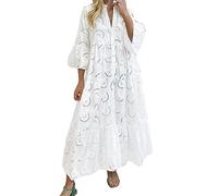 Generisch Robe à col en V et manches évasées en dentelle ajourée en coton - Robe longue sexy pour femme - Robe d'été à manches longues festive, Blanc., XXL