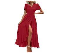 Generisch Robe à fleurs pour femme - Robe longue d'été avec col en V - Ornement à volants - Pour les vacances à la plage - Robe de fête - Robe longue pour femme, h, M