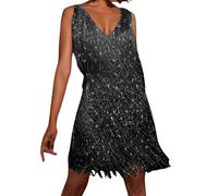 Generisch Robe à franges Ocre Robe disco années 70 pour femme Mini robe années 1920, Noir , M