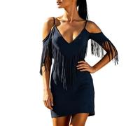 Generisch Robe à franges pour femme - Robe de cowboy occidental - Épaules dénudées - Vintage - Aspect daim - Col en V - Robe de cowgirl à pompons - Pour country, concert, rodéo, soirée de nuit, Marine