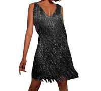 Generisch Robe à franges - Style disco ocre/doré - Costume des années 70 pour femme - Mini robe Charleston - Mini robe scintillante - Robe élégante - Robe de fête - Robe de soirée, Noir5., XL