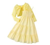 Generisch Robe à imprimé floral pour fille, ensemble deux pièces avec cardigan à manches longues, printemps, automne, tenue décontractée et de fête, jaune, 10-11 ans