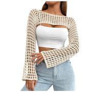 Generisch Robe à manches longues courte tricotée pour femme, couleur unie, col rond, chemisier en tricot à manches longues à carreaux, beige, XS