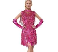 Generisch Robe à paillettes à franges pour femme - Dos nu - Sans manches - Robe de cocktail rétro à paillettes - Robe de danse latine - Robe de bal de fin d'année - Pour cocktail, Rose chaud., L