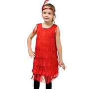 Generisch Robe à paillettes avec franges et pompons - Robe tango latine pour spectacles de bal avec bandeau à plumes, rouge, 7-9 ans