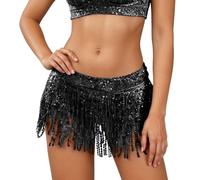 Generisch Robe à paillettes avec pompons pour danses latino-américaines, spectacles sur scène, Noir , S