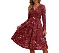 Generisch Robe à paillettes pour femme - Col en V - Robe de cocktail élégante - Manches longues - Robe de soirée sexy - Robe plissée - Robe de carnaval - Concert - Robe de bal, Bordeaux, XXL