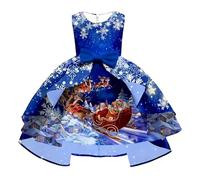 Generisch Robe à thème pour fille avec motif Père Noël et renne imprimé, longue traîne et nœud à l'arrière, élégante robe de fête pour les fêtes de fin d'année, bleu, 8-9 ans