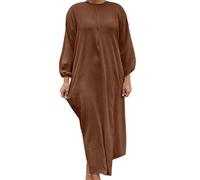 Generisch Robe Abaya pour femme - Manches longues - Manches bouffantes - Couleur unie - Robe décontractée avec ceinture - Robe baggy décontractée - Col rond - Vêtement de prière - Vêtement islamique