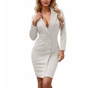 Generisch Robe blazer élégante pour femme - Robe portefeuille à double boutonnage - Robe de travail automne hiver - Manches longues - Col en V - Robe fourreau sexy - Couleur unie - Robe chemisier