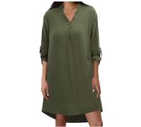 Generisch Robe chemise décontractée à manches longues pour femme - Couleur unie - Manches 3/4, Vert foncé., XL