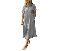 Generisch Robe chemise étirée avec boutonnière poches fonctionnelles pour femme de longueur midi pour une élégance estivale confortable au quotidien, gris, 4XL