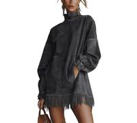 Generisch Robe confortable en daim pour femme avec col roulé et franges à l'ourlet, robe patchwork décontractée à manches longues pour l'automne, Noir , XL
