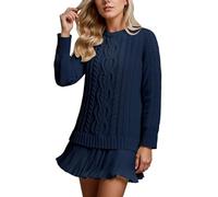 Generisch Robe Courte en Maille torsadée à col Ras du Cou pour Femme, Coupe ajustée à Manches Longues, idéale pour Les fêtes de Noël (Navy,S)