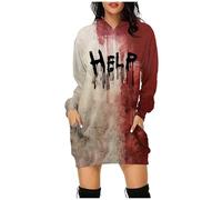 Generisch Robe courte festive longue drôle lettre imprimée à capuche poche pull robe de maternité robe d'été grandes tailles, Brique rouge., XXL