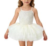 Generisch Robe de ballet pour fille avec jupe en résille, bretelles spaghetti dans le dos, tutu doux, Blanc., 6-7 ans