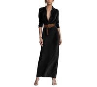 Generisch Robe de cocktail pour femme - Col en V - Robe de soirée - En daim - Manches longues - Avec ceinture - Boutons - Robe tunique d'hiver élégante et tendance, Noir , S