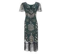 Generisch Robe de cocktail pour femme des années 20 - Paillettes - Costume Gatsby - Robe de soirée à franges - Col rond - Vintage - Robe de bal de fin d'année - Robe de soirée - Tenue de fête, O Vert