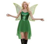 Generisch Robe de fée à paillettes pour femme avec papillons, ailes de fée, fée de la forêt, costume de fée, costume de fée, cosplay, Halloween, carnaval, fête, vert, M