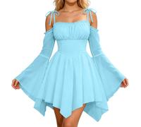 Generisch Robe de fée d'été pour femme de style bohème avec design sans manches, épaules dénudées, robe décontractée, tenue élégante pour les journées chaudes et les sorties décontractées, A2 bleu