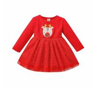 Generisch Robe de fête 2026 pour fille avec imprimé renne, manches longues, tutu pour bébé tout-petit, jolie tenue de fête, design élégant, rouge, 4-5 ans