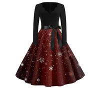 Generisch Robe de Noël élégante et vintage à manches longues - Col en V - Robe de cocktail - Robe de Noël pour femme, 02 rouge foncé, XL