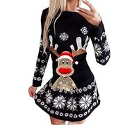 Generisch Robe de Noël Femmes Robes à Manches Longues Col Rond Robe de Noël Flocons de Neige Imprimé Robes de Fête Décontractées, Noir , M
