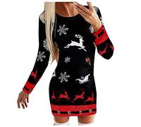 Generisch Robe de Noël Femmes Robes Noël Imprimé Manches Longues Col Rond Serré Au-dessus du Genou Mini Robe Décontractée, Noir , L