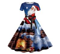 Generisch Robe de Noël pour femme avec imprimé de Noël à manches courtes années 1950 femme au foyer soirée soirée bal, bleu, S