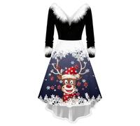 Generisch Robe de Noël pour femme avec motif de renne et bordure en fourrure synthétique - Robe de fête à manches longues avec ourlet asymétrique - Tenue festive pour la période de l'Avent, Style_u02