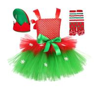 Generisch Robe de Noël pour fille - Costume de Noël avec chapeau et chaussettes - Robe en tulle sans manches comme costume de fête pour les fêtes de photographie d'hiver