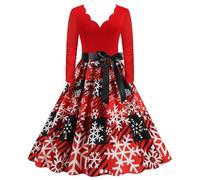 Generisch Robe de Noël rétro à manches longues et col en V pour femme, style femme au foyer, bal de promo, fête sur la plage, élégante garde-robe festive, Noir , 3XL