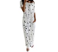 Generisch Robe de nuit à manches courtes pour femme, longueur maxi, style décontracté, impression avec coupe asymétrique aux épaules pour des nuits reposantes, Blanc., XL