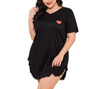 Generisch Robe de nuit d'été pour femme avec col en V et manches courtes dans une coupe décontractée grande taille pour un confort ultime à la maison, Noir , 4XL