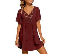 Generisch Robe de plage en dentelle avec broderie comme couvre-bikini - Tunique transparente - Robe en tricot blanche décontractée pour femme en vacances d'été, rouge, 4XL