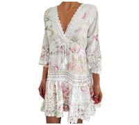 Generisch Robe de plage tendance pour femme avec col en V et manches sept quarts de style bohème avec décolleté et motif floral, rouge, M