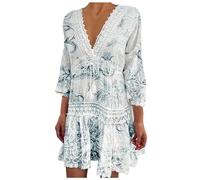 Generisch Robe de plage tendance pour femme avec col en V et manches sept quarts de style bohème avec décolleté et motif floral, Noir , XXL
