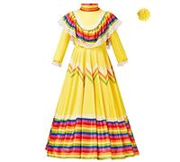 Generisch Robe de princesse mexicaine traditionnelle pour fille - Costume de danse à manches longues avec coiffe pour le carnaval et les fêtes (jaune, 6-8 ans)