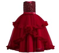 Generisch Robe de princesse sans manches en maille à volants pour petite fille, élégante et tendance, avec jupe en tulle pour les occasions festives, rouge, 4-5 ans