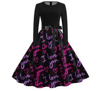 Generisch Robe de soirée à manches longues pour femme avec col rond - Impression romantique d'amour pour la Saint-Valentin, le bal de fin d'année, les fêtes, les vacances à la plage, Bordeaux, L