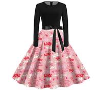 Generisch Robe de soirée à manches longues pour femme avec col rond - Impression romantique d'amour pour la Saint-Valentin, le bal de fin d'année, les fêtes, les vacances à la plage, Noir , S