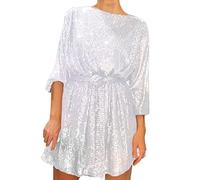 Generisch Robe de soirée à manches longues pour femme avec col rond, robe pailletée avec ceinture à nouer, robe de fête élégante, parfaite pour les galas et les fêtes, Blanc., XL