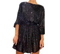 Generisch Robe de soirée à manches longues pour femme avec col rond, robe pailletée avec ceinture à nouer, robe de fête élégante, parfaite pour les galas et les fêtes, Noir , L