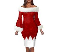 Generisch Robe de soirée élégante à manches longues avec imprimé de Noël pour femmes en hiver Robes de mariage festives élégantes, rouge, XXL