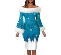 Generisch Robe de soirée élégante à manches longues avec imprimé de Noël pour femmes en hiver Robes de mariage festives élégantes, bleu ciel, L
