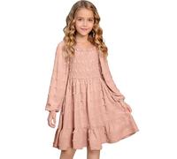 Generisch Robe de soirée élégante à manches longues et col carré à volants détaillé, taille smockée pour filles, vêtements de tous les jours confortables, Rose, 8-9 ans