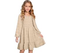 Generisch Robe de soirée élégante à manches longues et col carré à volants détaillé, taille smockée pour filles, vêtements de tous les jours confortables, kaki, 8-9 ans