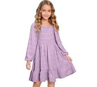 Generisch Robe de soirée élégante à manches longues et col carré à volants détaillé, taille smockée pour filles, vêtements de tous les jours confortables, lilas, 8-9 ans