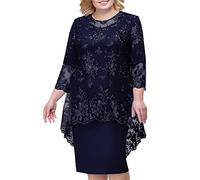 Generisch Robe de soirée élégante en dentelle brodée à manches mi-longues pour femme - Robe fourreau - Pour fête, excursion d'une journée, festive, romantique, pour le bureau, Marine, S