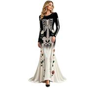 Generisch Robe de soirée longue pour femme - Imprimé squelette - Robe de bal vampire effrayante - Élégante robe de mariée Halloween - Robe de cocktail en velours - Robe de fête médiévale gothique